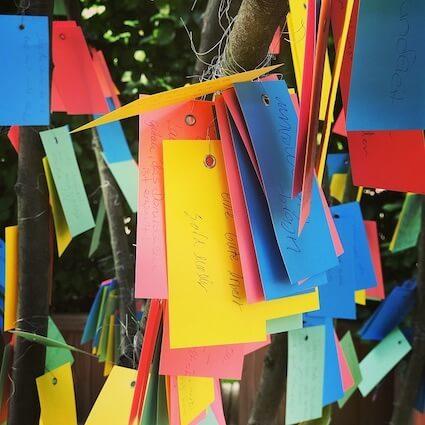 Bunte Zettel auf einem Wunschbaum
